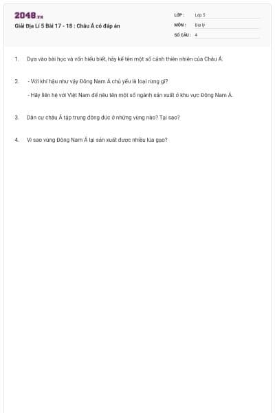Giải Địa Lí 5 Bài 17 - 18 : Châu Á có đáp án