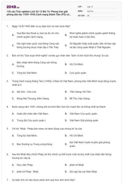 126 câu  Trắc nghiệm Lịch Sử 12 Bài 16: Phong trào giải phóng dân tộc 1939-1945.Cách mạng thánh Tám (P5) có đáp án