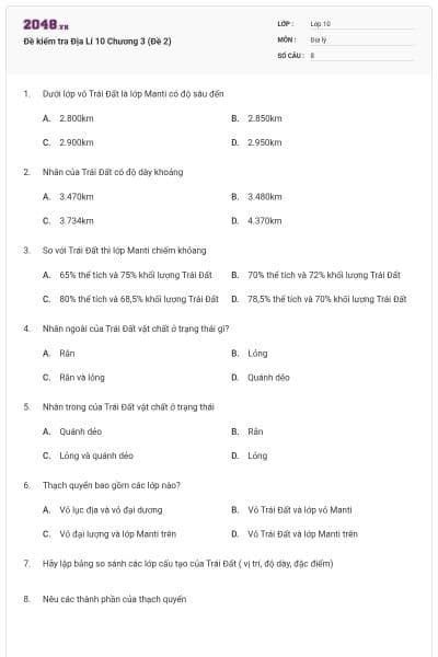 Đề kiểm tra Địa Lí 10 Chương 3 (Đề 2)