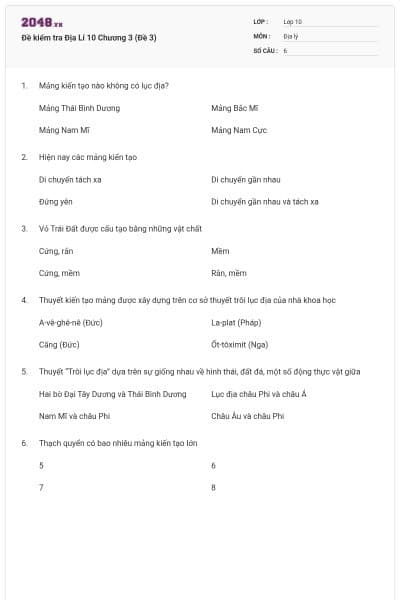 Đề kiểm tra Địa Lí 10 Chương 3 (Đề 3)