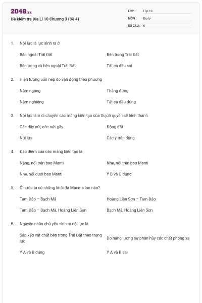 Đề kiểm tra Địa Lí 10 Chương 3 (Đề 4)