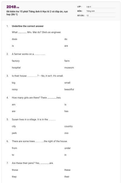 Đề kiểm tra 15 phút Tiếng Anh 6 Học kì 2 có đáp án, cực hay (Đề 1)