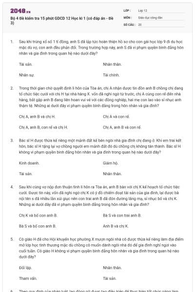 Bộ 4 Đề kiểm tra 15 phút GDCD 12 Học kì 1 (có đáp án - Đề 3)