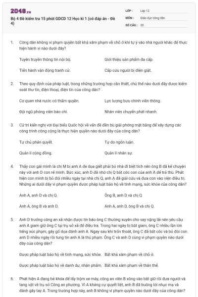 Bộ 4 Đề kiểm tra 15 phút GDCD 12 Học kì 1 (có đáp án - Đề 4)
