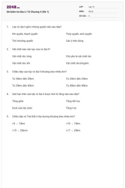 Đề kiểm tra Địa Lí 10 Chương 4 (Đề 1)