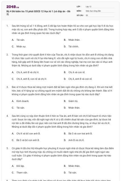 Bộ 4 Đề kiểm tra 15 phút GDCD 12 Học kì 1 (có đáp án - Đề 3)