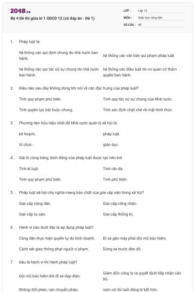 Bộ 4 Đề thi giữa kì 1 GDCD 12 (có đáp án - Đề 1)
