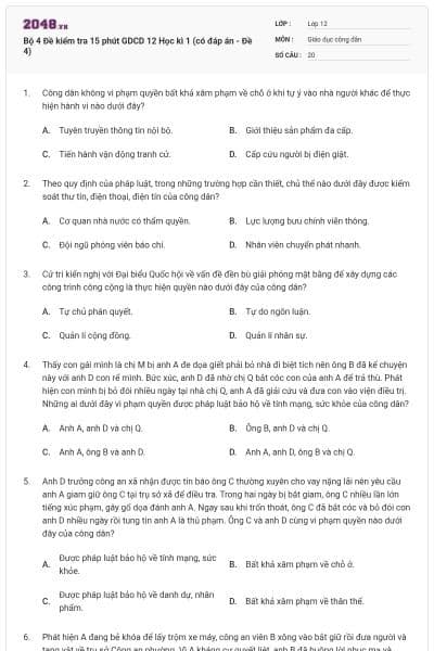 Bộ 4 Đề kiểm tra 15 phút GDCD 12 Học kì 1 (có đáp án - Đề 4)