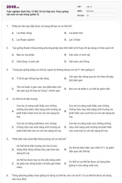 Trắc nghiệm Sinh Học 12 Bài 18 (có đáp án): Chọn giống vật nuôi và cây trồng (phần 2)