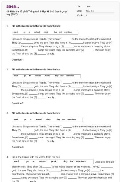 Đề kiểm tra 15 phút Tiếng Anh 6 Học kì 2 có đáp án, cực hay (Đề 2)