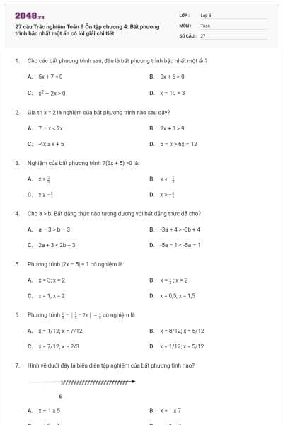 27 câu Trắc nghiệm Toán 8 Ôn tập chương 4: Bất phương trình bậc nhất một ẩn có lời giải chi tiết