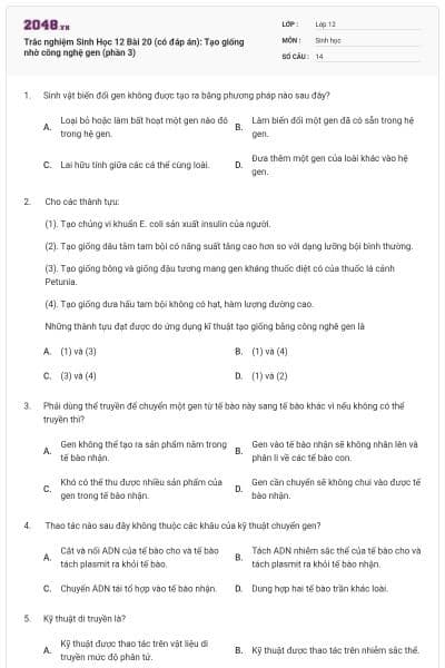 Trắc nghiệm Sinh Học 12 Bài 20 (có đáp án): Tạo giống nhờ công nghệ gen (phần 3)