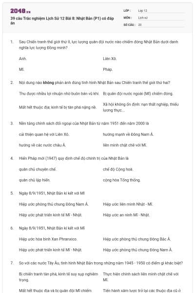 39 câu Trắc nghiệm Lịch Sử 12 Bài 8: Nhật Bản (P1) có đáp án