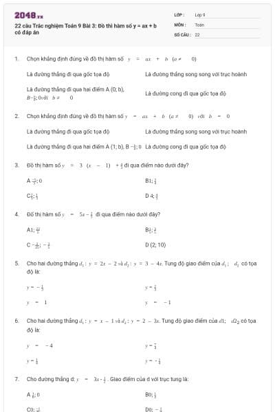 22 câu Trắc nghiệm Toán 9 Bài 3: Đồ thì hàm số y = ax + b có đáp án