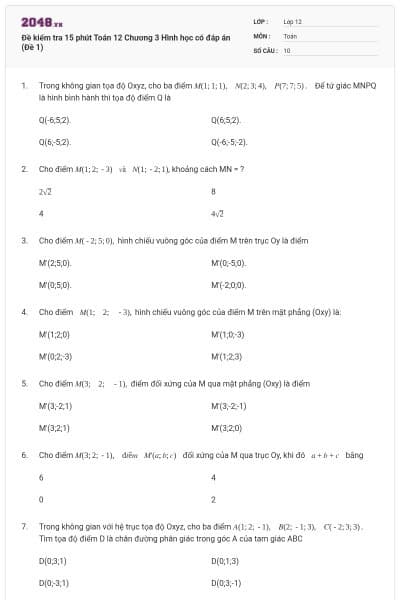 Đề kiểm tra 15 phút Toán 12 Chương 3 Hình học có đáp án (Đề 1)