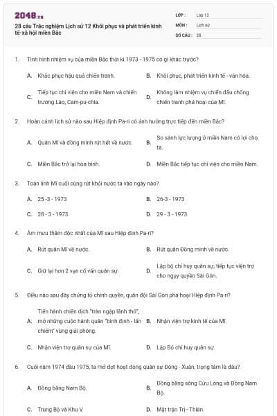 28 câu Trắc nghiệm Lịch sử 12 Khôi phục và phát triển kinh tế-xã hội miền Bắc