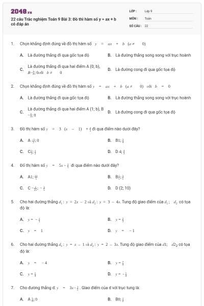22 câu Trắc nghiệm Toán 9 Bài 3: Đồ thì hàm số y = ax + b có đáp án