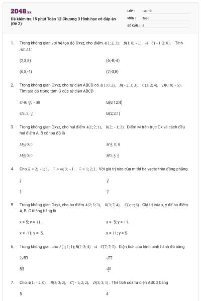 Đề kiểm tra 15 phút Toán 12 Chương 3 Hình học có đáp án (Đề 2)