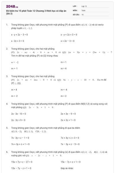Đề kiểm tra 15 phút Toán 12 Chương 3 Hình học có đáp án (Đề 3)