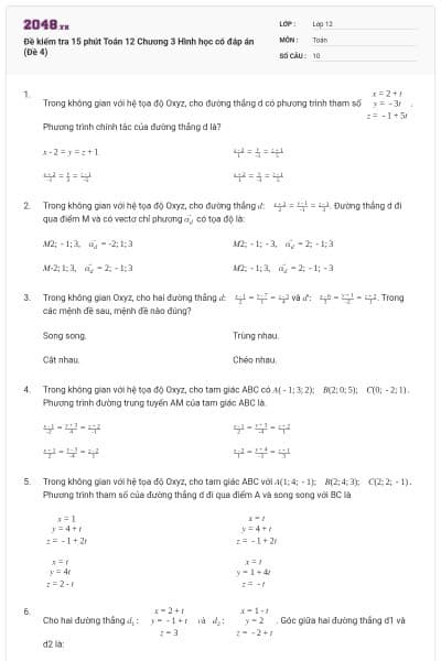 Đề kiểm tra 15 phút Toán 12 Chương 3 Hình học có đáp án (Đề 4)