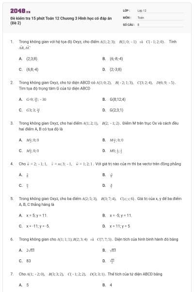 Đề kiểm tra 15 phút Toán 12 Chương 3 Hình học có đáp án (Đề 2)