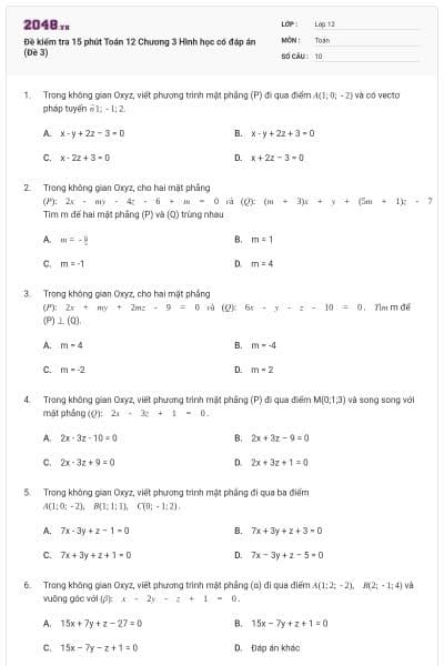 Đề kiểm tra 15 phút Toán 12 Chương 3 Hình học có đáp án (Đề 3)