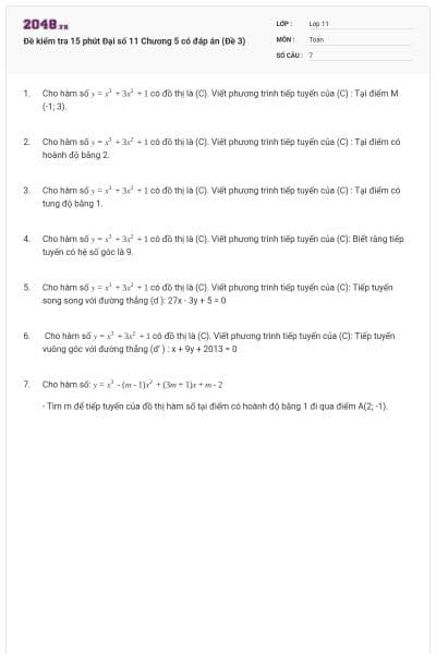 Đề kiểm tra 15 phút Đại số 11 Chương 5 có đáp án (Đề 3)