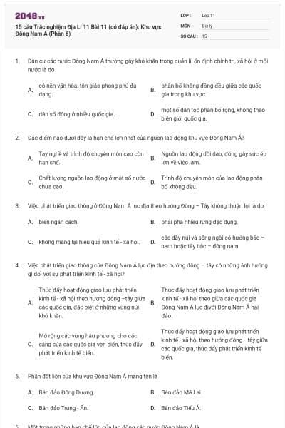 15 câu  Trắc nghiệm Địa Lí 11 Bài 11 (có đáp án): Khu vực Đông Nam Á (Phần 6)