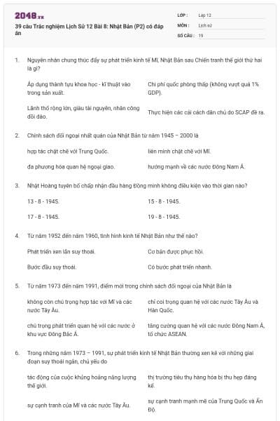 39 câu Trắc nghiệm Lịch Sử 12 Bài 8: Nhật Bản (P2) có đáp án