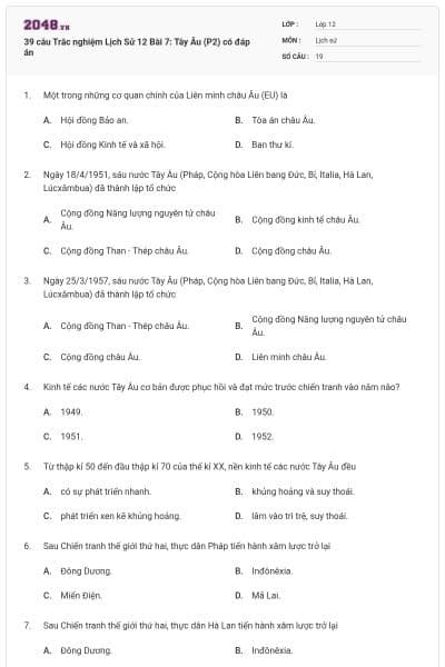 39 câu Trắc nghiệm Lịch Sử 12 Bài 7: Tây Âu (P2) có đáp án