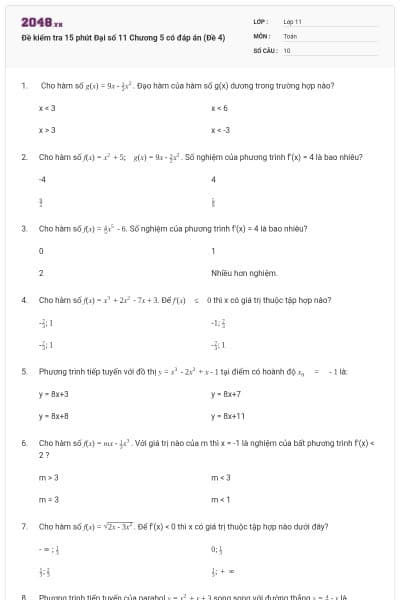Đề kiểm tra 15 phút Đại số 11 Chương 5 có đáp án (Đề 4)