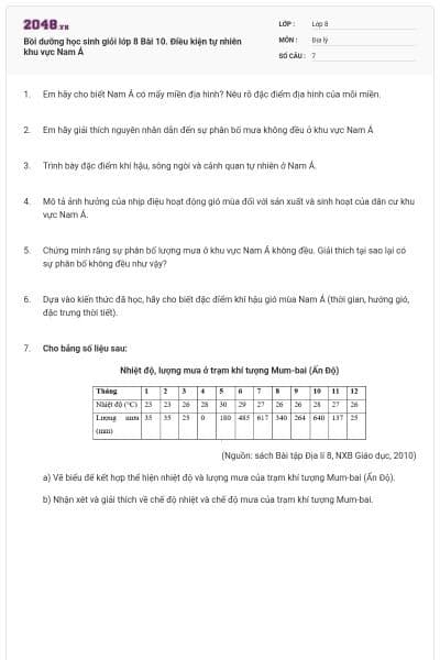 Bồi dưỡng học sinh giỏi lớp 8 Bài 10. Điều kiện tự nhiên khu vực Nam Á