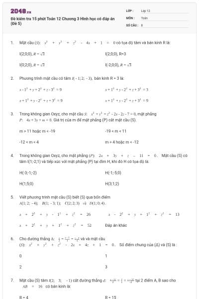 Đề kiểm tra 15 phút Toán 12 Chương 3 Hình học có đáp án (Đề 5)