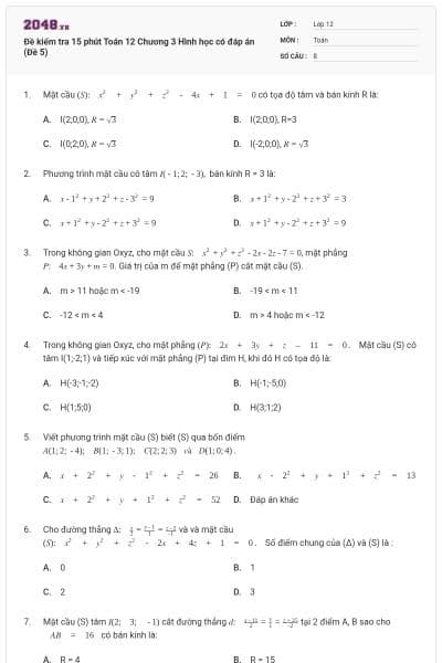 Đề kiểm tra 15 phút Toán 12 Chương 3 Hình học có đáp án (Đề 5)