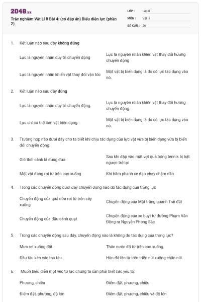 Trắc nghiệm Vật Lí 8 Bài 4: (có đáp án) Biểu diễn lực (phần 2)