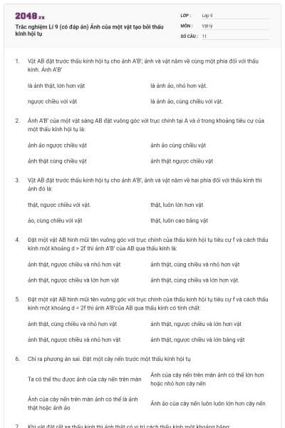 Trắc nghiệm Lí 9 (có đáp án) Ảnh của một vật tạo bởi thấu kính hội tụ
