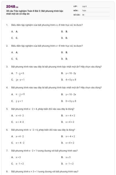 38 câu Trắc nghiệm Toán 8 Bài 3: Bất phương trình bậc nhất một ẩn có đáp án