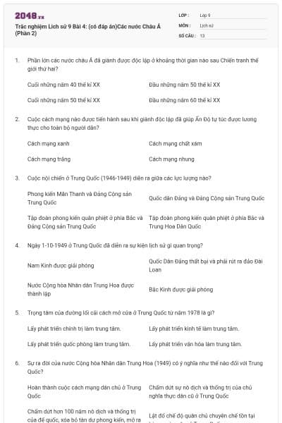 Trăc nghiệm Lich sử 9 Bài 4: (có đáp án)Các nước Châu Á (Phần 2)