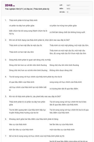 Trắc nghiệm Vât lý 9 ( có đáp án ) Thấu kính phân kỳ