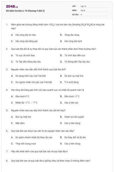 Đề kiểm tra Địa Lí 10 Chương 4 (Đề 2)