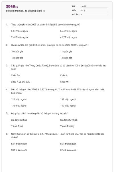 Đề kiểm tra Địa Lí 10 Chương 5 (Đề 1)