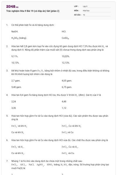 Trắc nghiệm Hóa 9 Bài 19 (có đáp án) Sắt (phần 2)