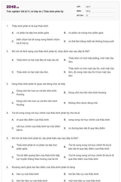 Trắc nghiệm Vât lý 9 ( có đáp án ) Thấu kính phân kỳ