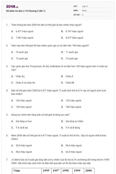 Đề kiểm tra Địa Lí 10 Chương 5 (Đề 1)