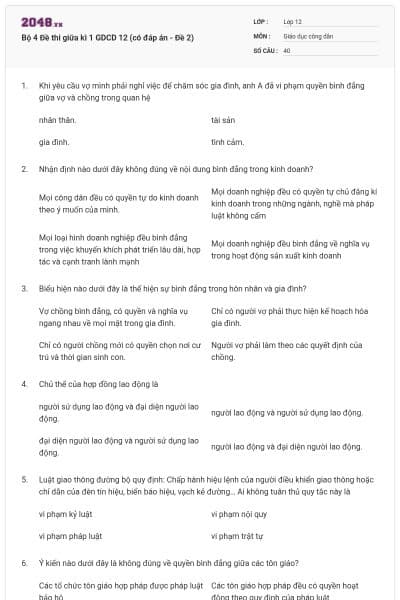Bộ 4 Đề thi giữa kì 1 GDCD 12 (có đáp án - Đề 2)