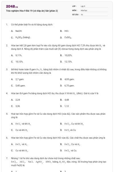 Trắc nghiệm Hóa 9 Bài 19 (có đáp án) Sắt (phần 2)