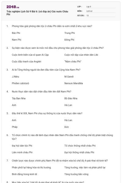 Trắc nghiệm Lịch Sử 9 Bài 6: (có đáp án) Các nước Châu Phi