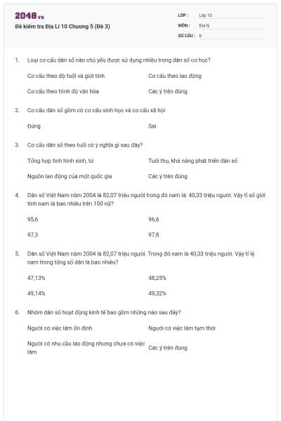 Đề kiểm tra Địa Lí 10 Chương 5 (Đề 3)