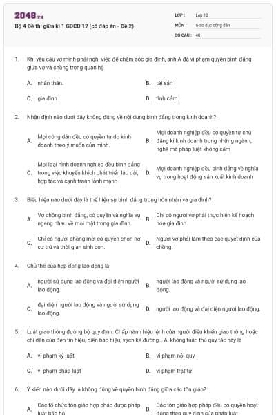 Bộ 4 Đề thi giữa kì 1 GDCD 12 (có đáp án - Đề 2)