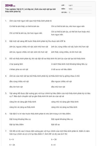 Trắc nghiệm Vật lý 9 ( có đáp án ) Ảnh của một vật tạo bởi thấu kính phân kỳ
